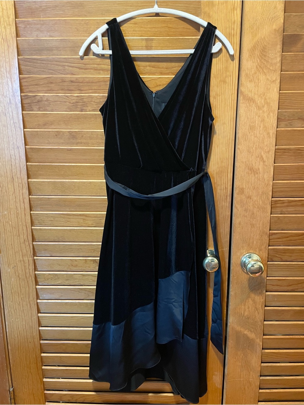 DKNY Black Velvet & Satin Midi Dress with Waist Sash